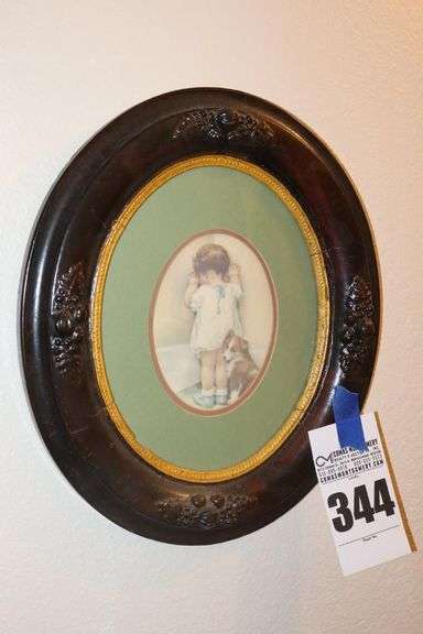 Oval Framed Bessie Pease Gutmann Print "In Disgrace"  14"x12"x5"