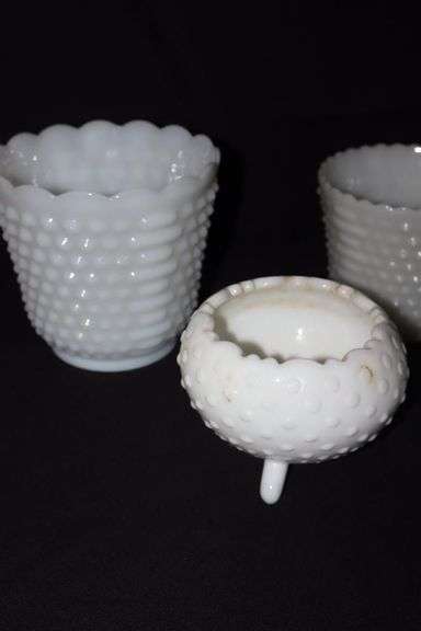 5 Vintage Milk Glass Hobnail Items: Tall vase, 2 Planters, 3-toe Rose Bowl & Mini Creamer