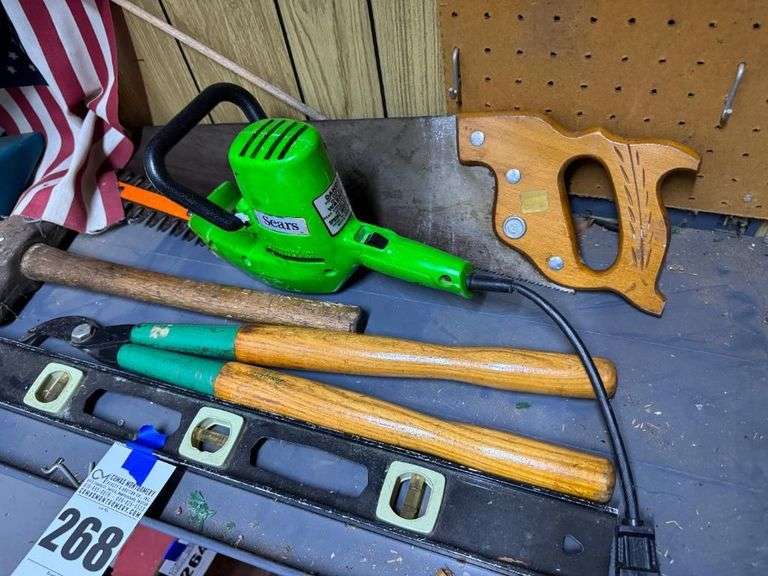 Assorted Tools Including Sears Hedge Trimmer, Hand Saw, Hammer, Level, and Shears