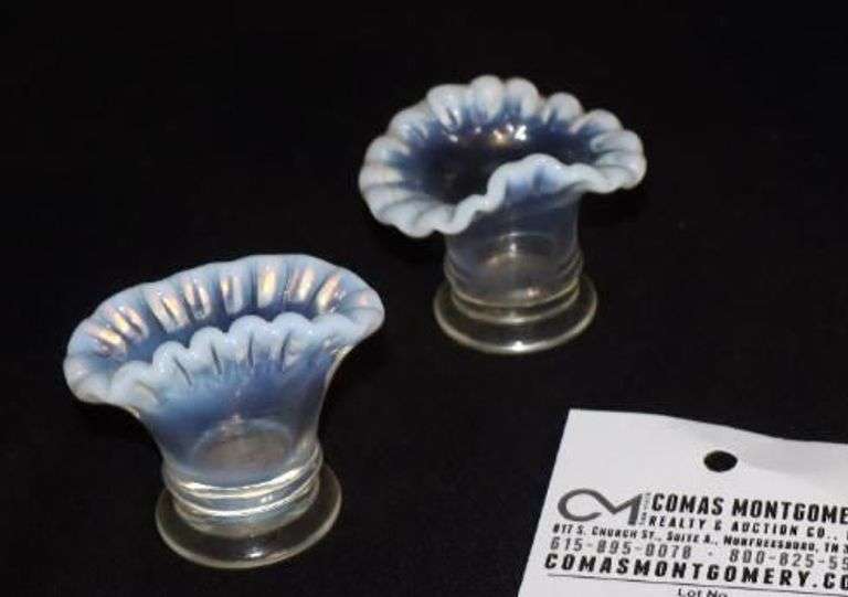 3 Fenton Opalescent Items: Milk Glass Hobnail Vase, 2 Miniature French Vases (fan & ruffled edge)