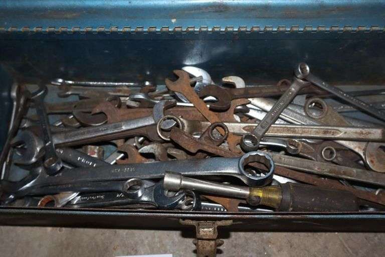 Metal Tool Box with a Variety of Wrenches (open & box) - Many are Craftsman