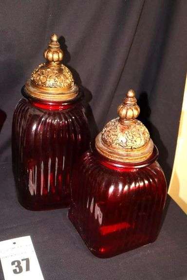 2 Red Glass Canisters with Lids and 4 Ruby Red Wine Glasses with Bubble stems