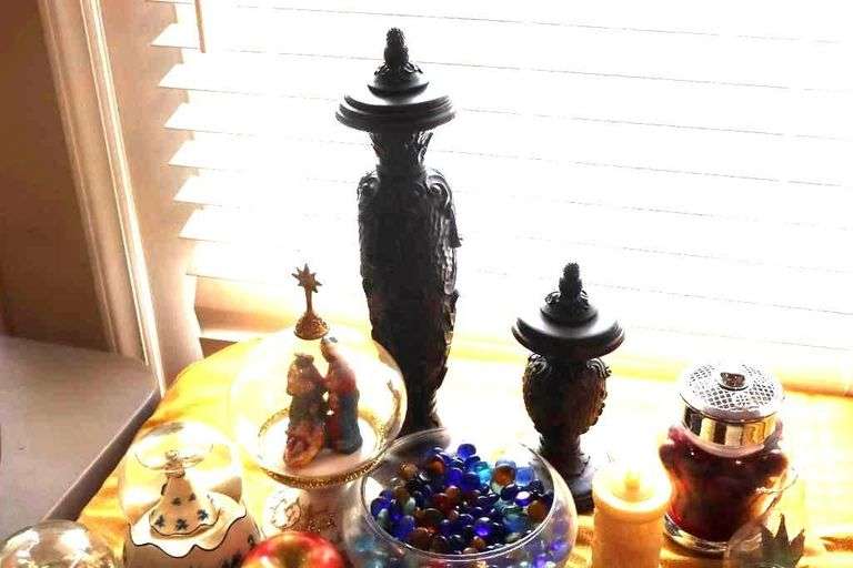 Variety of Decorative Items: Fruit, Mirrored Displays, Candle Stands, Water Globes etc.