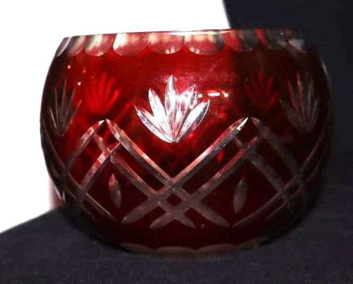 2 Vintage Czech Ruby Red Cut to Clear Glass: Bowl & Lidded Candy Dish