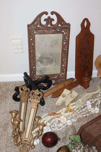 Variety of Decorative Items; Wood Display, Plastic Ceramic (Plant stand, Candle holders, Mirror, etc.)