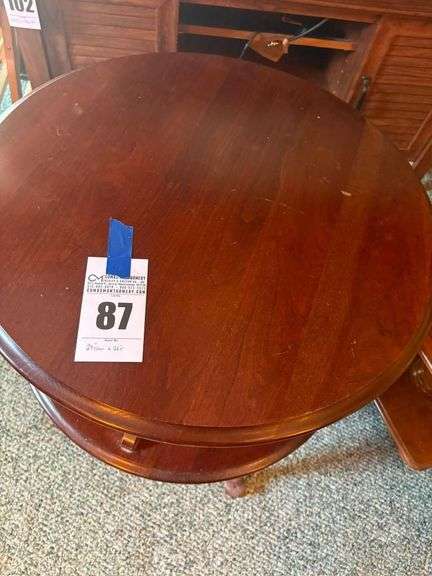 Round Cherry Wood Accent Table with Display Shelf