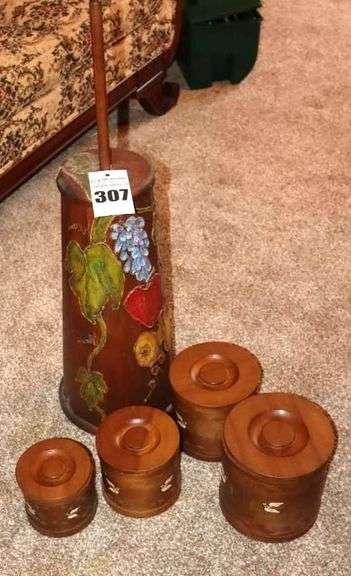 Hand Painted Wood Butter Churn & 4 Piece wood Canister Set