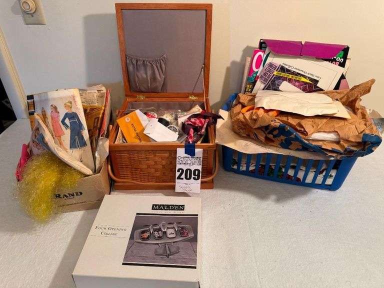 Sewing Lot with Patterns, Threads, and Malden Photo Collage