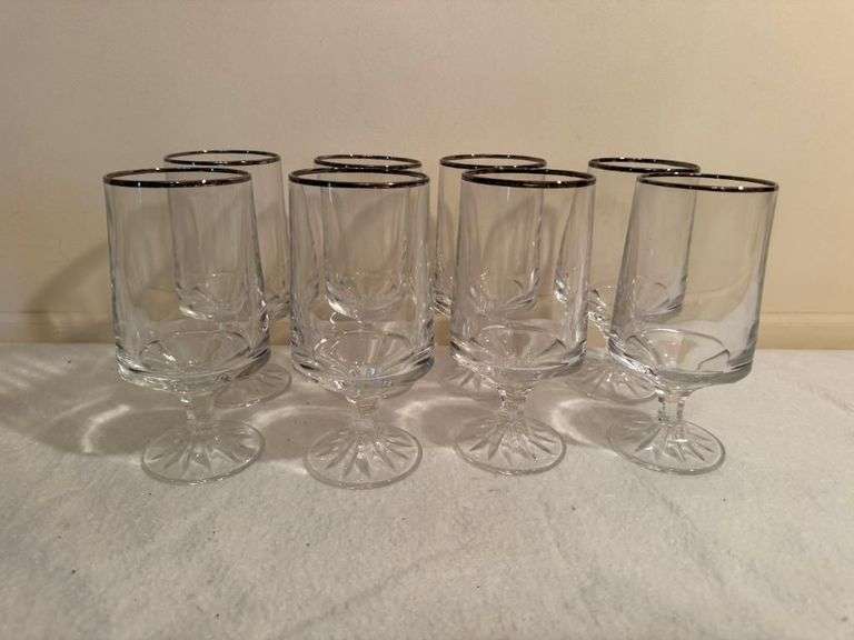 Set of 8 Fostoria Stemmed Water Glasses with Silver Trim