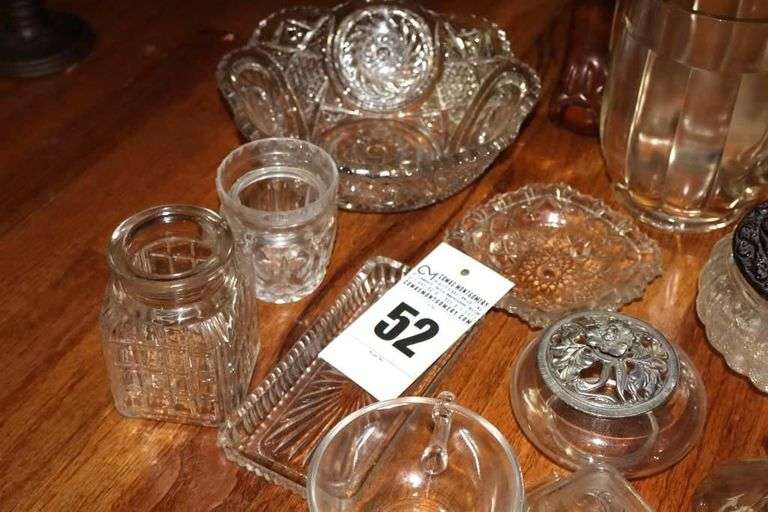 Variety of Glass Serving items (some vintage): bowls, butter dish, Creamer, Sugar Bowl, Pitcher, Glass funnel, potpourri bowls etc.