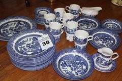 Churchill Staffordshire England "Blue Willow" design: 14 dinner plates, 5 salad bowls, 5 dessert bowls, 6 dessert plates, 14 cups, 15 saucers,2 serving bowls, platter, gravy creamer with plate