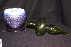 Variety of Glass items: Vintage Hand Blown Murano Rooster  (8"), Clear glass Lily Vase, 2 Porcelain Slippers, Handblown Green Ornament, Westmoreland Hobnail Lilac Opalescent Vase, Glow Ball Candle Holder Art Glass
