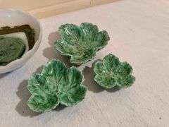 Collection of Dishes with Milk Glass Compote and Leaf Shaped Bowls