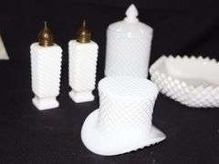 Fenton Milk Glass Hobnail Top Hat, Vintage Milk Glass Salt & Pepper set, Westmoreland Diamond Point Glass bowl with lid, Milk Glass Diamond Point Dish, & Westmoreland Milk Glass Candy Dish with handle