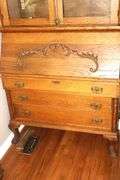 Antique Wood Secretary Desk with Top Glass Doors and inside shelves - Fold down Desk with inside cubbies and space - 3 Bottom Drawers     84"x40"x 17" closed  ( 30" open)                        **Buyer need to bring help to remove
