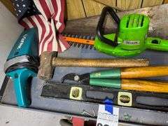 Assorted Tools Including Sears Hedge Trimmer, Hand Saw, Hammer, Level, and Shears