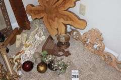 Variety of Decorative Items; Wood Display, Plastic Ceramic (Plant stand, Candle holders, Mirror, etc.)