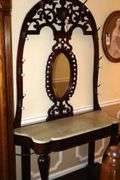 Vintage Marble Top Wood Hall Tree with 9 hooks & oval Mirror with bottom shelf    78"x48"x18"                      **Buyer bring help to remove