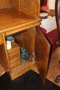 Wood Roll Top Desk (53"x53"x30") with Cubbies & drawers, drawers, slid out key board drawer, side door with drawers inside, Desk Chair (42"x27"x21") & Plastic floor protector Mat
