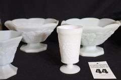 Variety of Grape Vine Design Milk Glass items: 3 Pedestal Fruit Bowls, Vase, 2 Lidded candy dishes/bowls