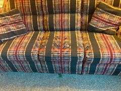 Upholstered Plaid Three-Seat Sofa with Throw Pillows