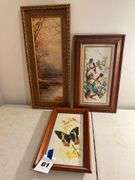 Three Framed Prints: Landscape, Birds and Butterfly