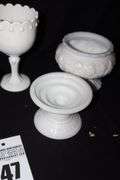 Variety of Milk Glass Bowls, Vases, Candy Dish, & Candle stand etc.