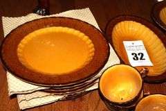 Set of Vernon Ware by Metlox "San Ferando" - hand painted: 8 dinner plates, 5 bowls, 5 plate, 6 saucers, 7 cups (one handle has been glued) oval serving bowls and round serving bowl