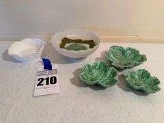 Collection of Dishes with Milk Glass Compote and Leaf Shaped Bowls