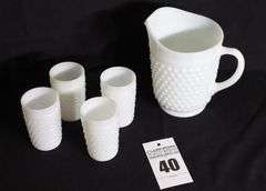 Vintage Hobnail Milk Glass Pitcher and 4 Glasses