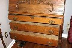 Antique Wood Secretary Desk with Top Glass Doors and inside shelves - Fold down Desk with inside cubbies and space - 3 Bottom Drawers     84"x40"x 17" closed  ( 30" open)                        **Buyer need to bring help to remove
