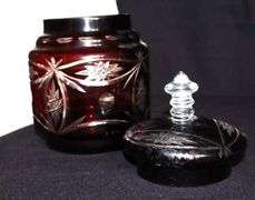 2 Vintage Czech Ruby Red Cut to Clear Glass: Bowl & Lidded Candy Dish