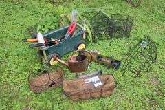 Variety Gardening Items: Planters, Bird Feelers, Rolling Cart with a varity of garden tools