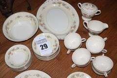 Set of "Georgian" Homer Laughlin China (eggshell with gold trim): 8 dinner plates, 8 dessert plates, 8 bowls, 8 cups, 8 saucers, serving platter, serving bowl, creamer& sugar bowl