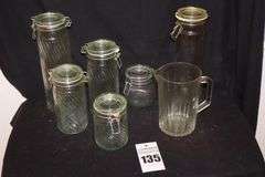 Variety of Glass Jars (one set) wire bale tops & glass pitcher