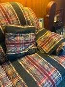 Upholstered Plaid Three-Seat Sofa with Throw Pillows