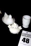 Variety of Vintage items: 2 Hen on Nest Candy Dishes (2 sizes), Swans, etc.