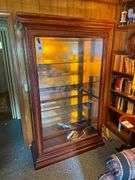 Wooden Display Cabinet with Glass Shelves, Lights, and Sliding Door