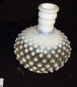 3 Fenton Opalescent Items: Milk Glass Hobnail Vase, 2 Miniature French Vases (fan & ruffled edge)