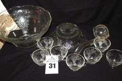 Vintage Grape Design Punch Bowl with Pedestal, 7 cups and plastic ladle