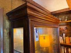 Wooden Display Cabinet with Glass Shelves, Lights, and Sliding Door