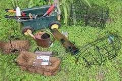 Variety Gardening Items: Planters, Bird Feelers, Rolling Cart with a varity of garden tools