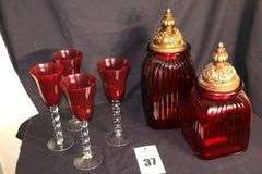 2 Red Glass Canisters with Lids and 4 Ruby Red Wine Glasses with Bubble stems