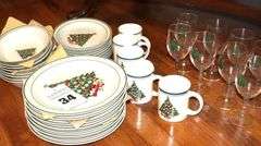 Set of Christmas Dishes Stoneware "Christmas Tree": 8 dinner plates, 8 dessert plates, 8 bowls, 5 mugs, 8 pedestal glasses