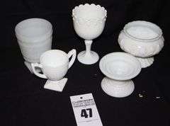 Variety of Milk Glass Bowls, Vases, Candy Dish, & Candle stand etc.