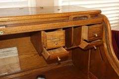 Wood Roll Top Desk (53"x53"x30") with Cubbies & drawers, drawers, slid out key board drawer, side door with drawers inside, Desk Chair (42"x27"x21") & Plastic floor protector Mat