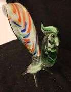 Variety of Glass items: Vintage Hand Blown Murano Rooster  (8"), Clear glass Lily Vase, 2 Porcelain Slippers, Handblown Green Ornament, Westmoreland Hobnail Lilac Opalescent Vase, Glow Ball Candle Holder Art Glass
