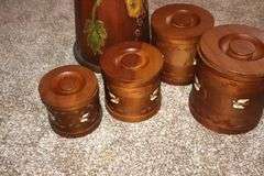 Hand Painted Wood Butter Churn & 4 Piece wood Canister Set