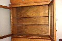 Antique Wood Secretary Desk with Top Glass Doors and inside shelves - Fold down Desk with inside cubbies and space - 3 Bottom Drawers     84"x40"x 17" closed  ( 30" open)                        **Buyer need to bring help to remove