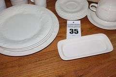 Gibson Dishware & a few similar Newcor White dishes: 3 dinner plates, platter, 4 bowls, 3 pate, 6 mugs, butter dish, gravy bowl with plate, creamer etc.